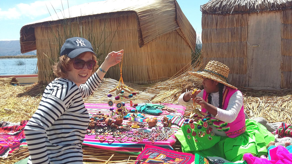 Kirsty admiring the handicrafts of the Lake Titicaca residents.