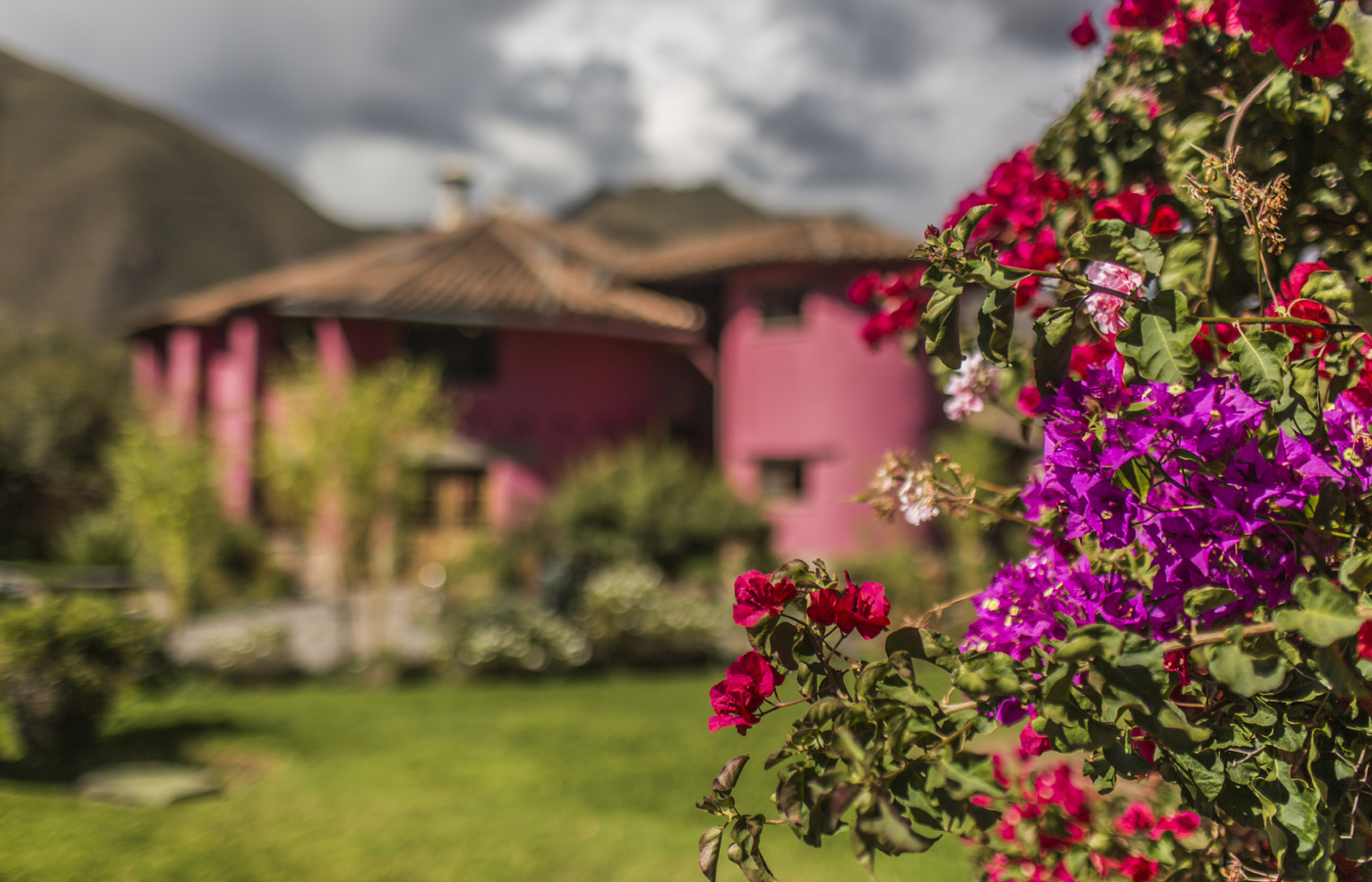 Verdant gardens at Hotel Sol y Luna in the Urubamba Valley of Peru.