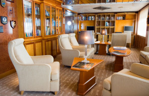 The well-stocked library aboard The Island Sky luxury cruise ship in Antarctica