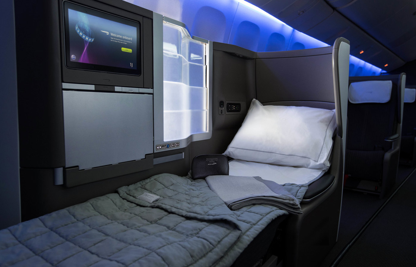 A fully reclining bed in the Club World cabin, British Airways business class