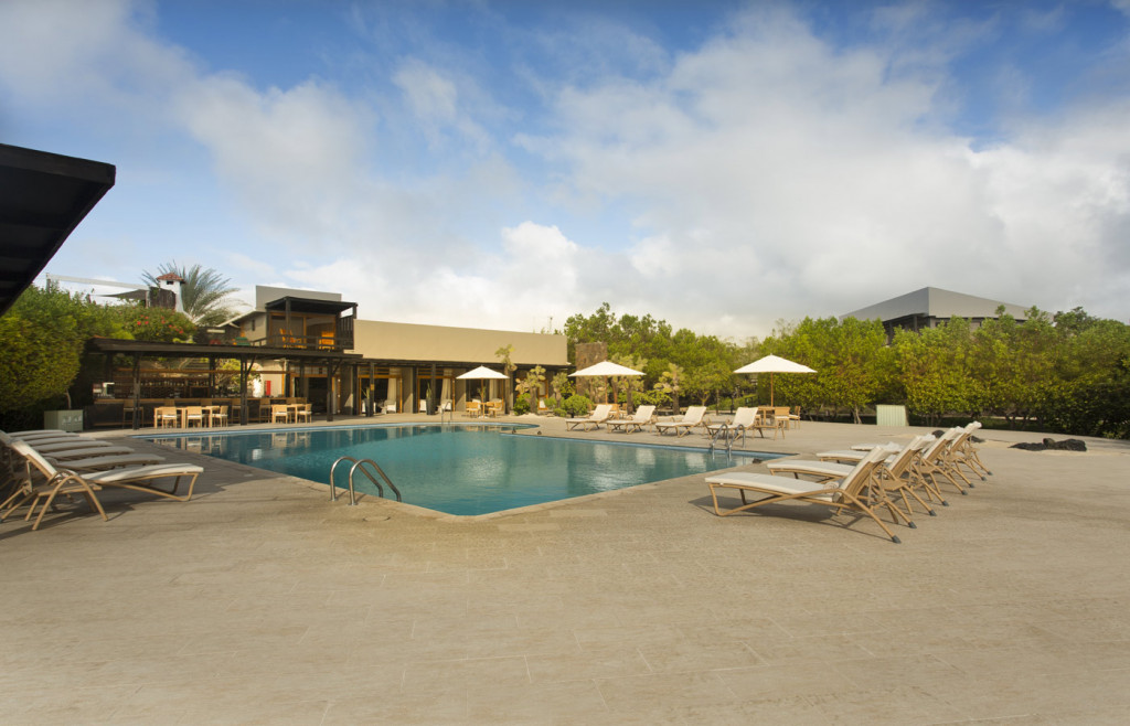 View of Finch Bay Hotel in the Galapagos, and the pool