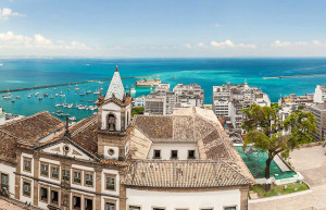 View of Todos os Santos Bay and Church in Salvador, Bahia, Brazil