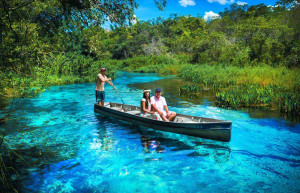 Boat tour at the blue turquoise Sucuri river in Bonito, Mato Grosso do Sul in Brazil
