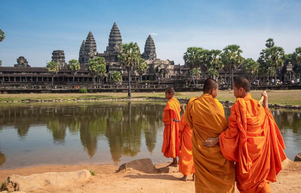 Monks outside Angkor Wat Temple closeup, Siem Reap, Cambodia