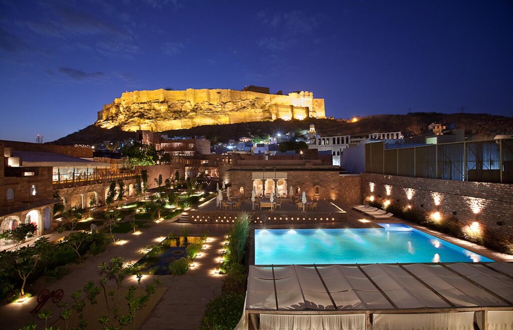 View of hotel at night, RAAS Jodhpur, Rajasthan, India